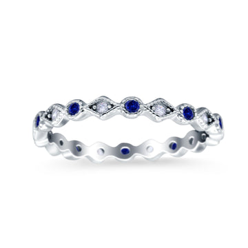 Full Eternity Stackable Ring Wedding Band Round Simulated Blue Sapphire CZ 925 Sterling Silver (3mm)